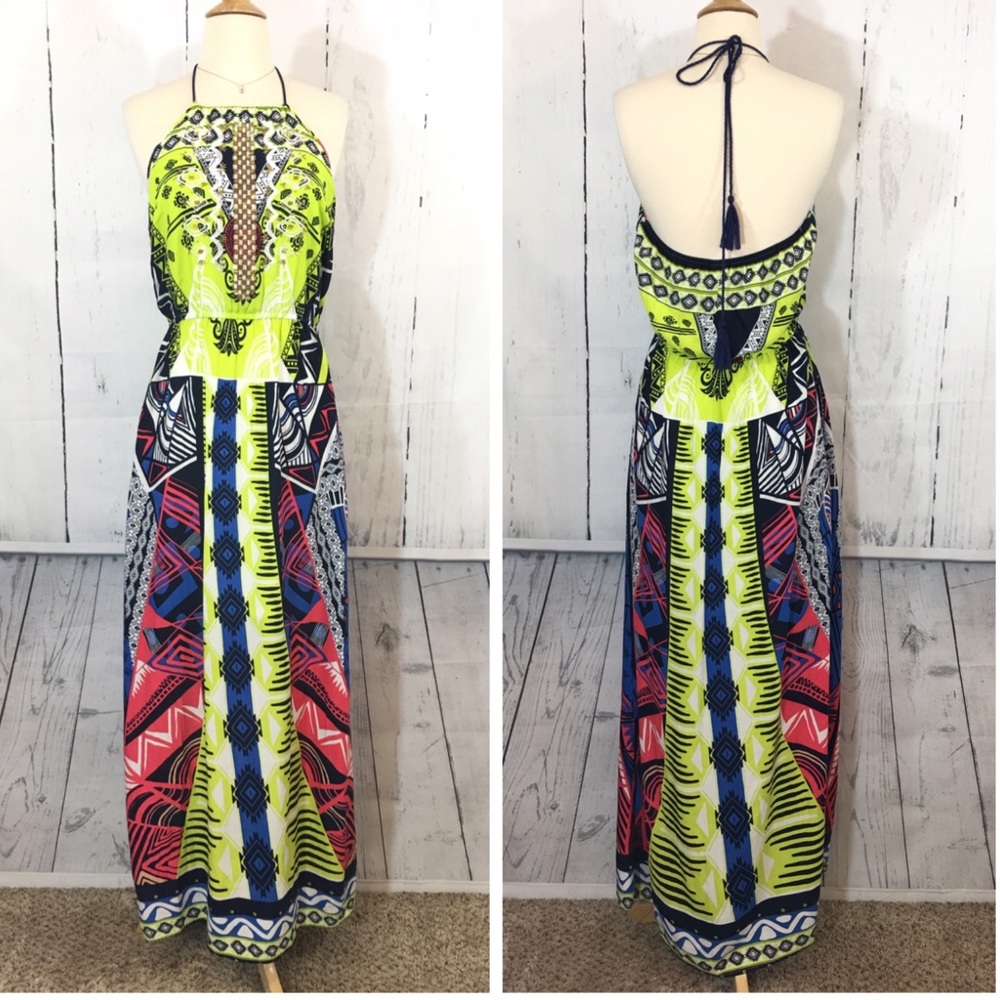 ALYA Halter Maxi dress beaded and embroidered, L